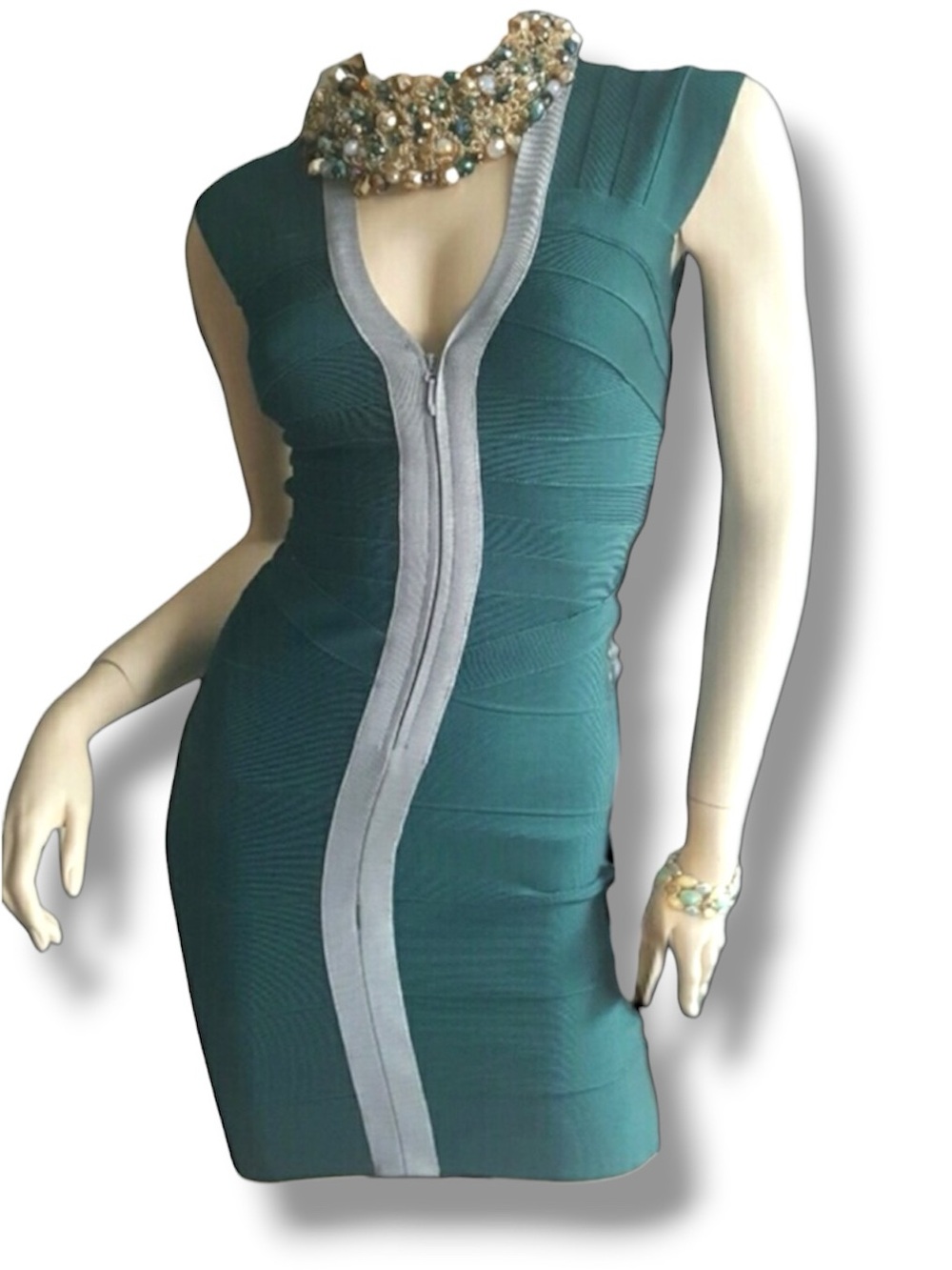 LIGHT IN THE BOX Teal Bodycon Dress Contrast Front Zip Fitted Mini Dress | XS